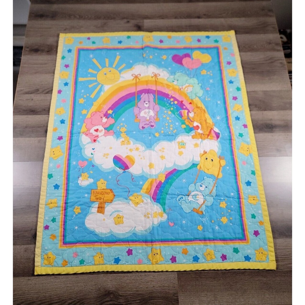 Vintage Care Bears Baby Blanket Crib Quilt Rainbow Trail Yellow Trim 41x33 Throw